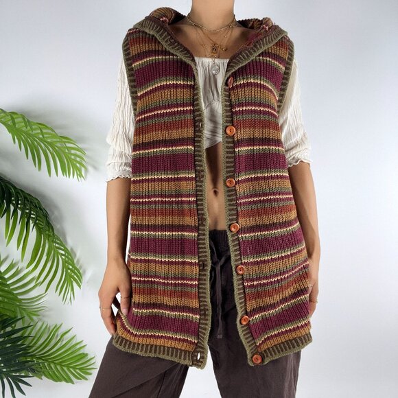 Vintage 90s Aeropostale Brown Striped Boho Granola Hooded Knit Grandpa Vest / L - Picture 2 of 8